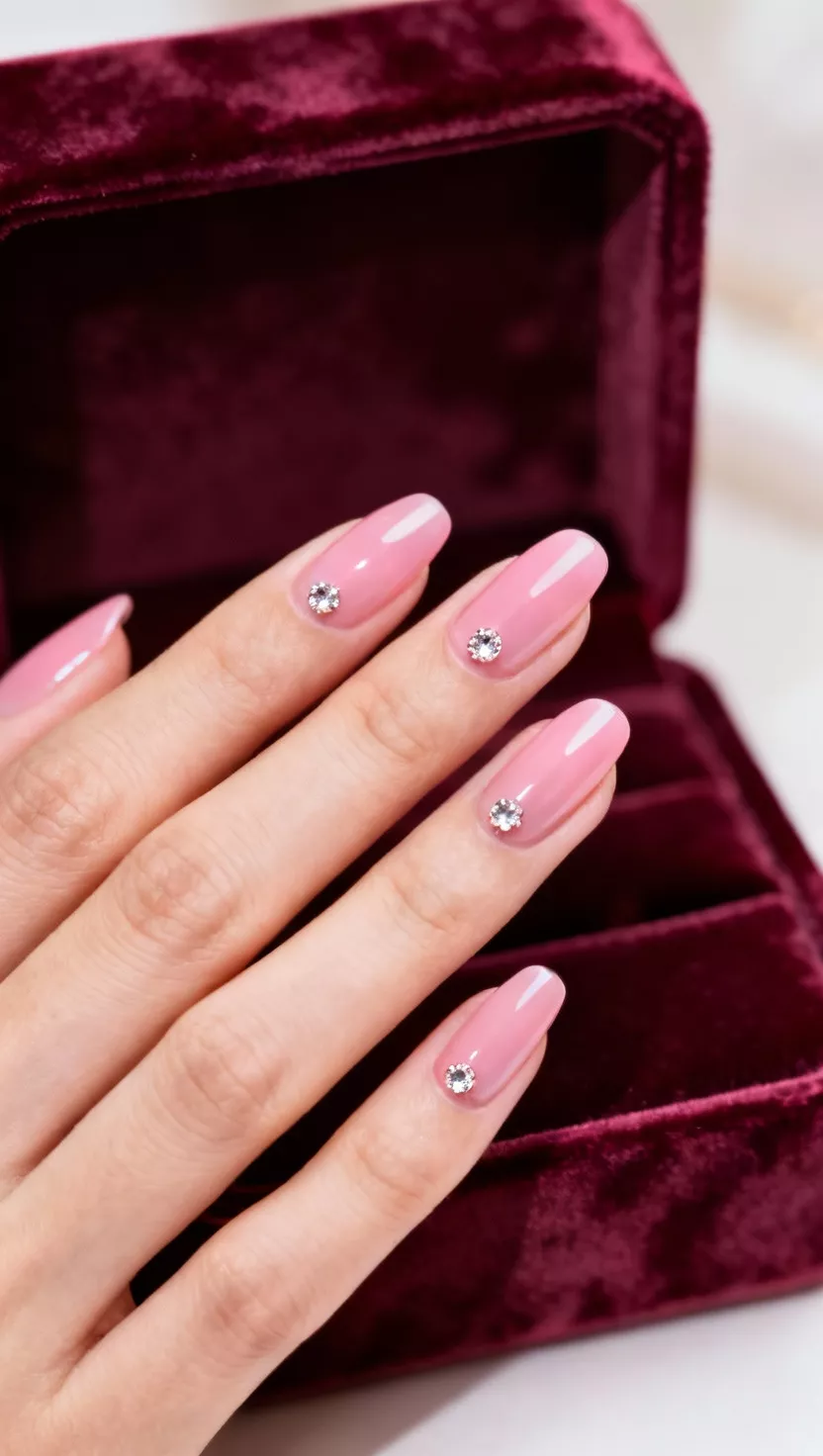 Single Diamond Placement at the Base close-up shot of a woman’s hand with five fingers showing nails with a perfectly manicured nail painted in a classic sheer pink, adorned with a single, tiny diamante gem placed precisely at the base of the nail, velvet jewelry box background.
