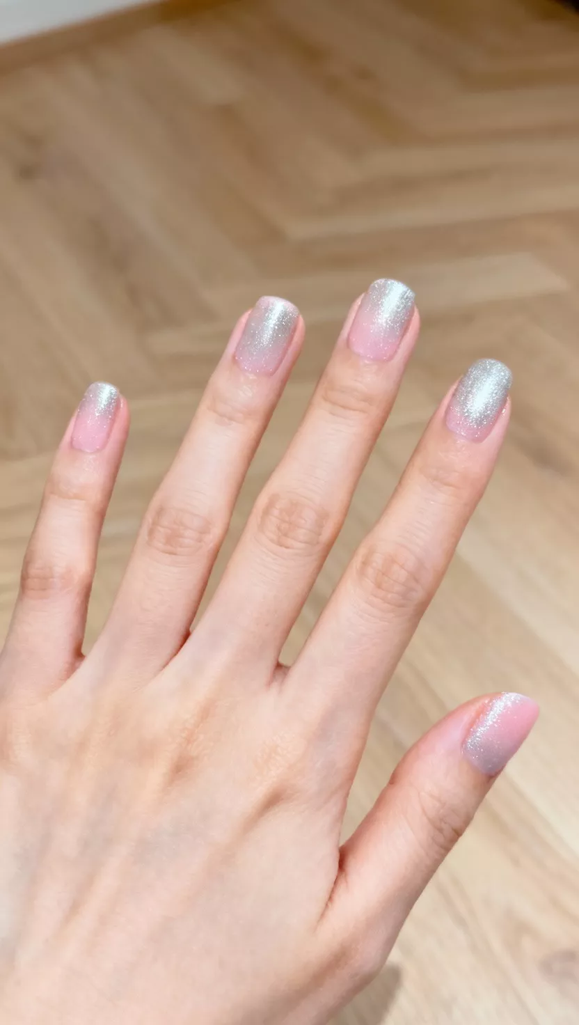 close-up shot of a woman’s hand with five fingers showing nails with a pale, cotton candy pink polish with a very fine silver shimmer running through it, giving a frosted effect, a light wood grain floor background.