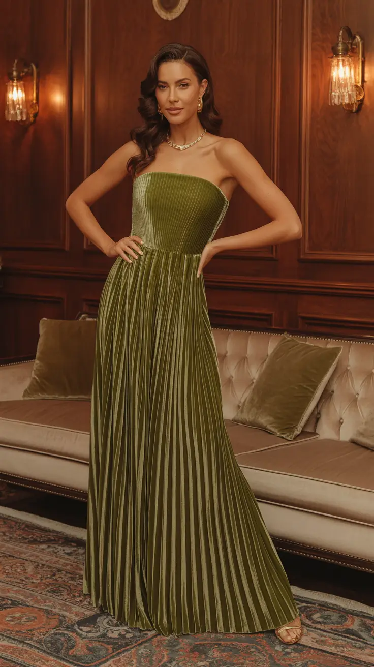 Olive Velvet Pleated Strapless Maxi Dress
