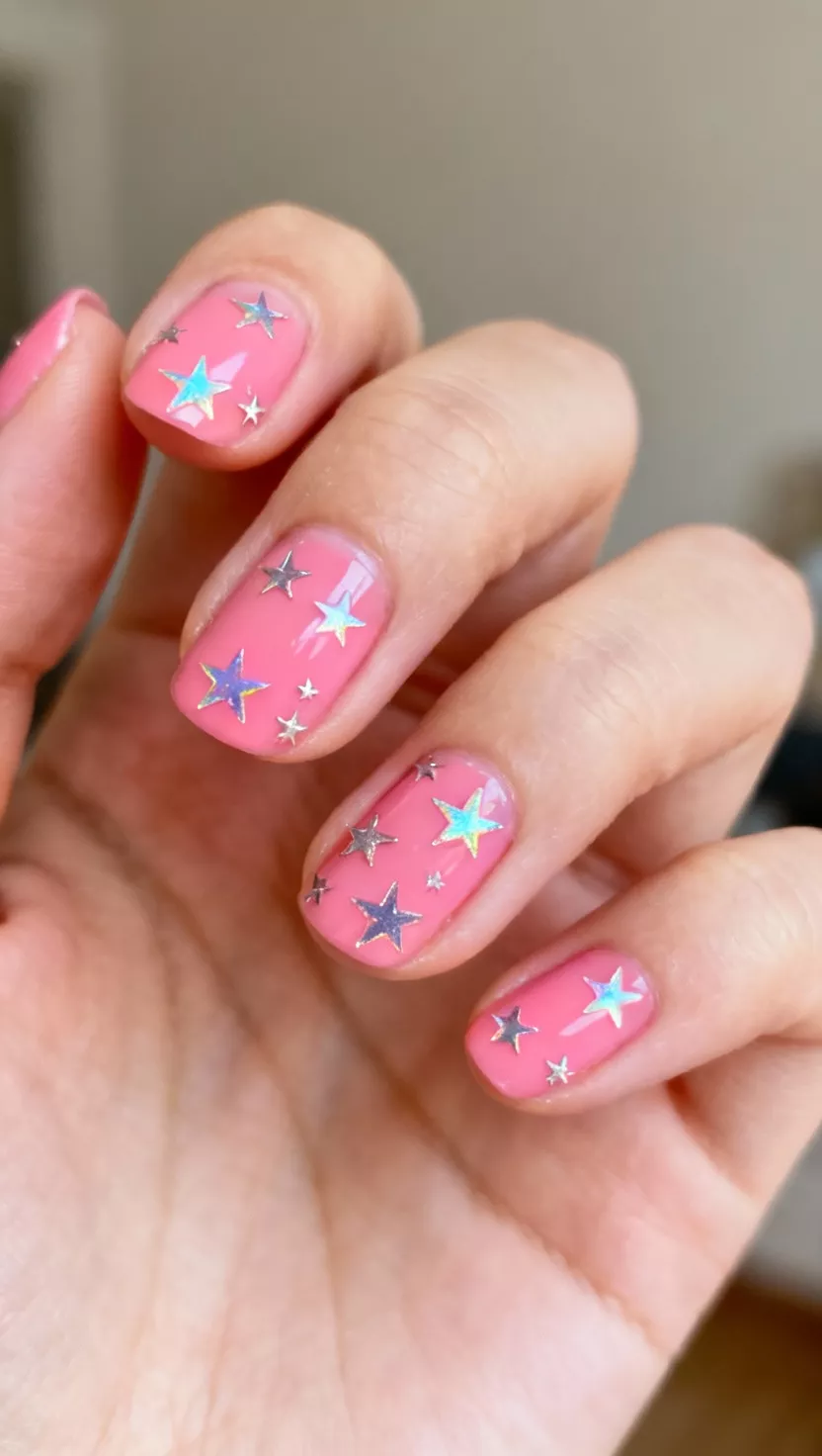 Pink Holographic Stars close-up shot of a woman’s hand with five fingers showing nails with a medium bubblegum pink base adorned with small holographic star decals placed randomly across the nail bed, room background.