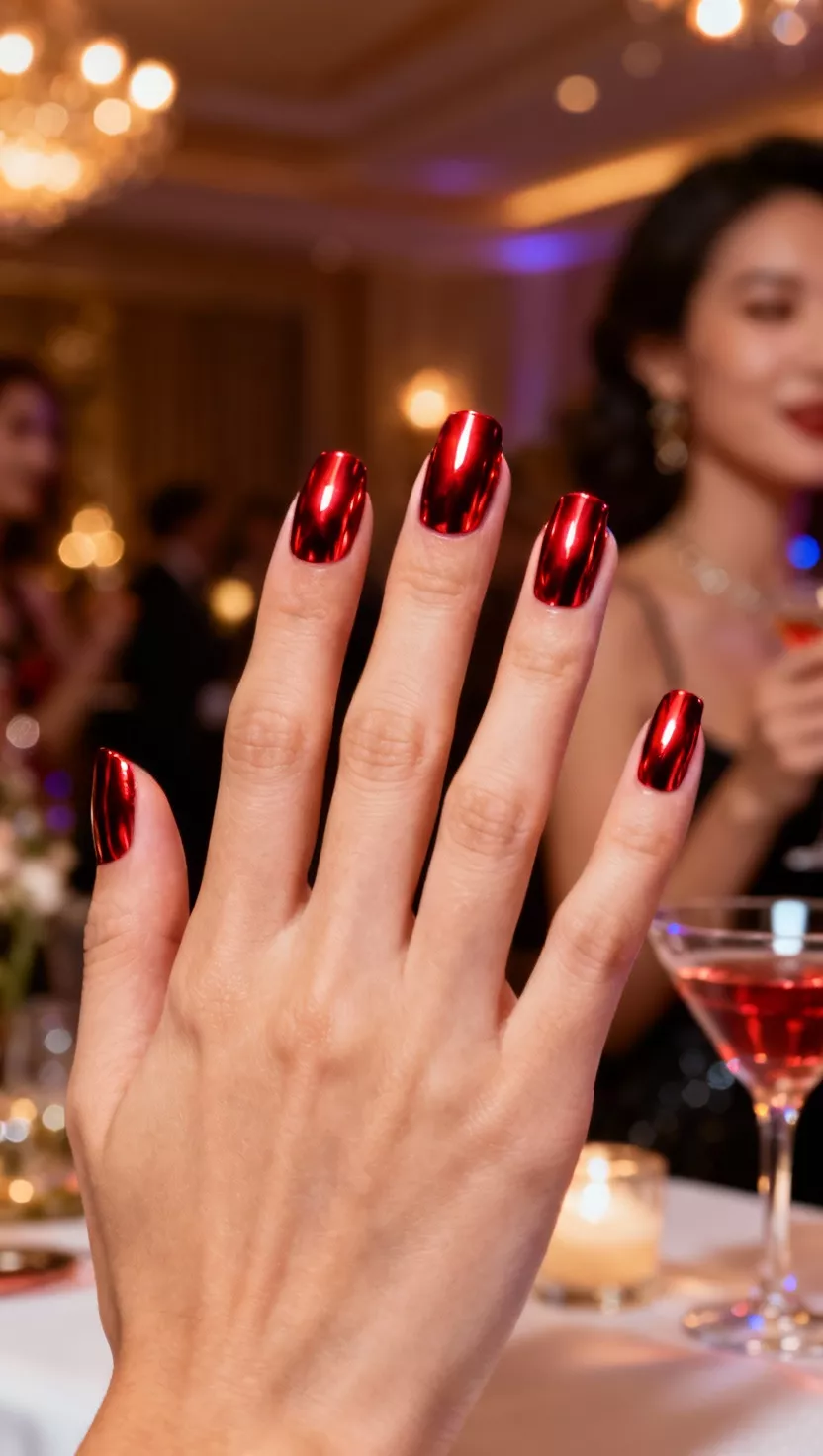 close-up shot of a woman’s hand with five fingers showing nails with a brilliant, highly reflective crimson red mirror chrome, glamorous cocktail party setting background