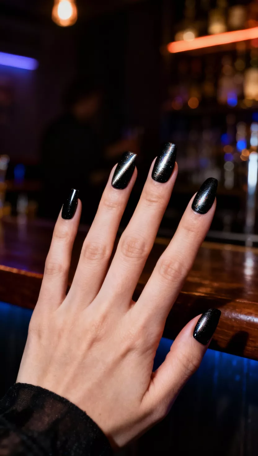 close-up shot of a woman’s hand with five fingers showing nails with magnetic black polish creating a shimmering diagonal stripe that mimics a cat’s eye, dramatic, dimly lit bar background.