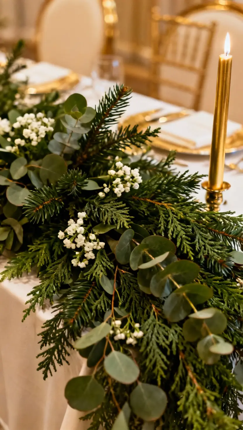 A professional photo, similar to a photo in a wedding magazine, of an opulent sweetheart table centerpiece overflowing with deep green winter greenery like pine, cedar, and eucalyptus, accented with tiny white florals and gold taper candles.