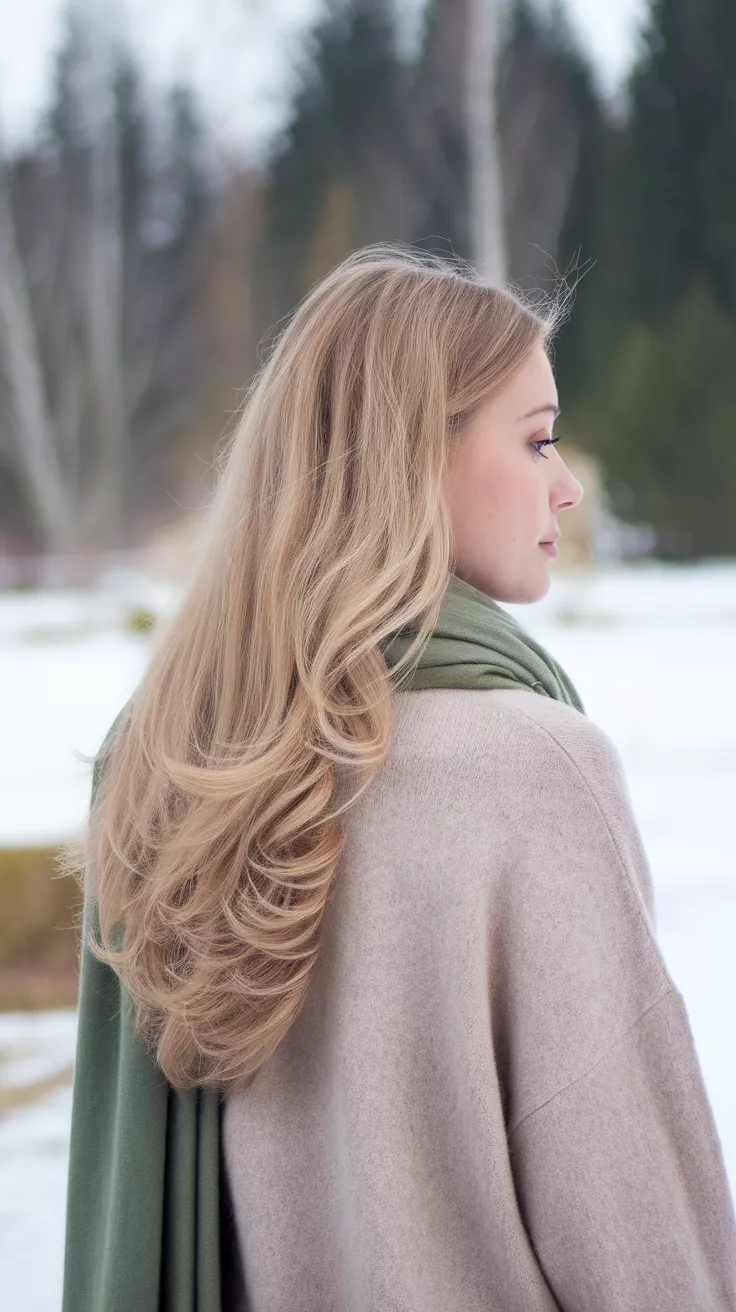 Pearl Blonde A photo of a 31-year-old woman with a Pearl Blonde colored long hairstyle, back view.
