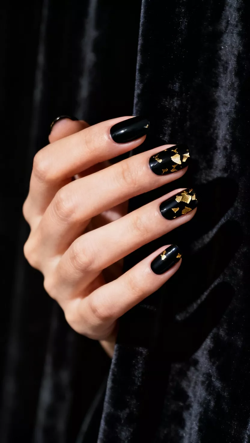 Matte Black with Gold Foil Accents close-up shot of a woman’s hand with five fingers showing nails with a perfectly opaque matte black polish base adorned with small flakes of irregular gold foil, dramatic dark velvet curtain background.