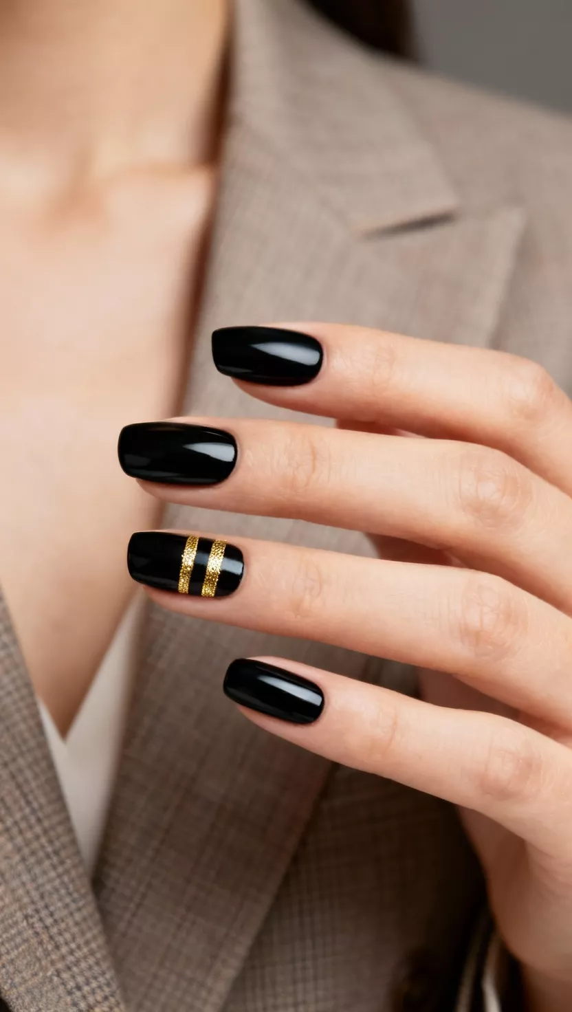 close-up shot of a woman’s hand with five fingers showing nails with a true onyx black cream polish featuring two delicate, vertical gold foil stripes on the index finger, tailored suit background.