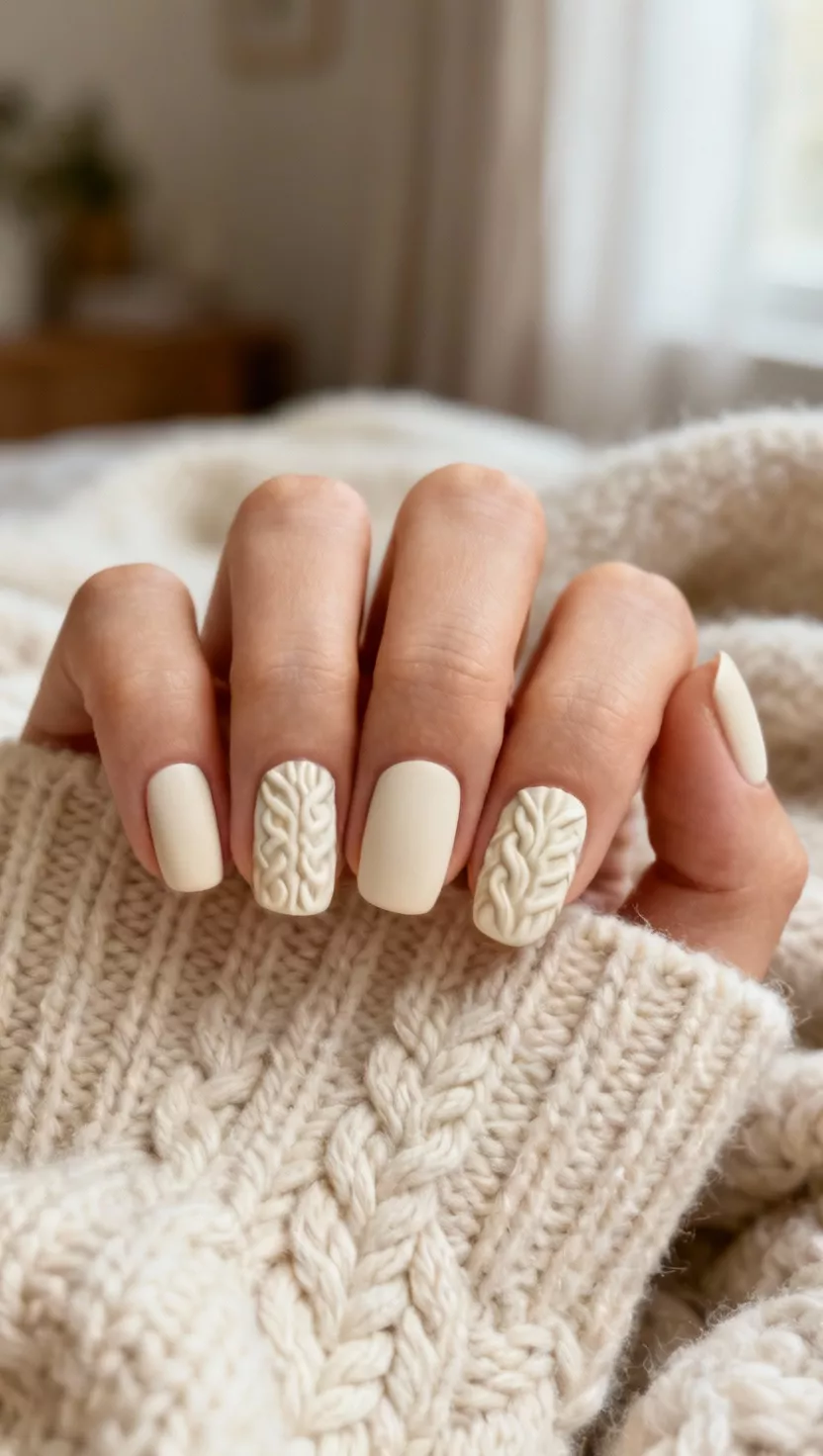 Knit Sweater Nail Art close-up shot of a woman’s hand with five fingers showing nails with embossed, three-dimensional cable knit sweater patterns painted in a creamy off-white matte polish, soft wool blanket in the room background.