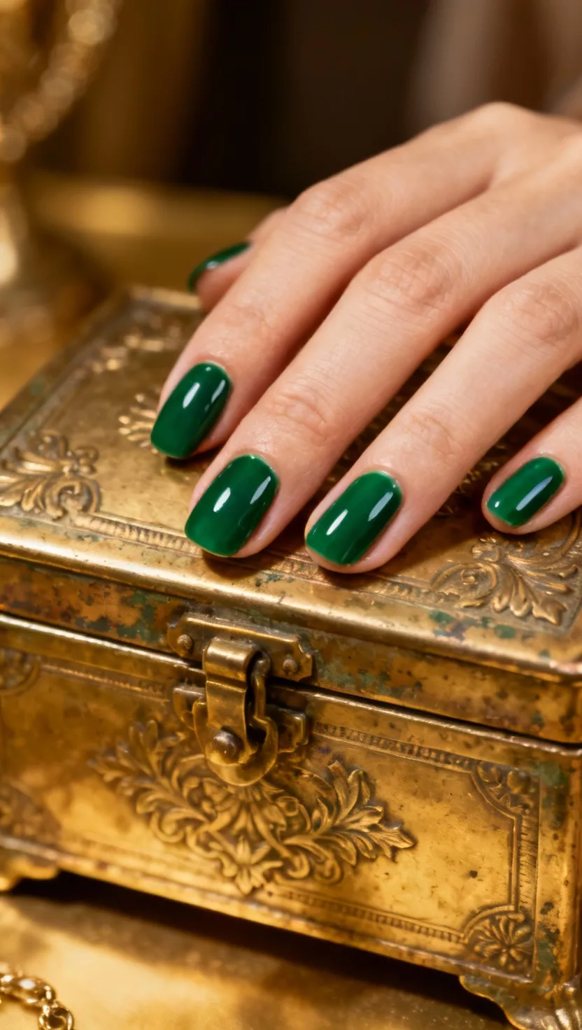 close-up shot of a woman’s hand with five fingers showing nails with a rich, jewel-toned emerald green polish with a high-gloss finish, a vintage gold and brass jewelry box background.