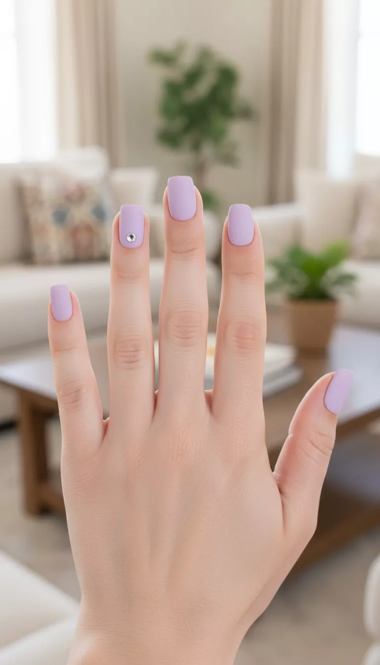 close-up shot of a woman’s hand with five fingers showing nails with a pastel lavender opaque polish with a single small, clear flat-backed rhinestone placed near the tip of the pointer finger, living room background.