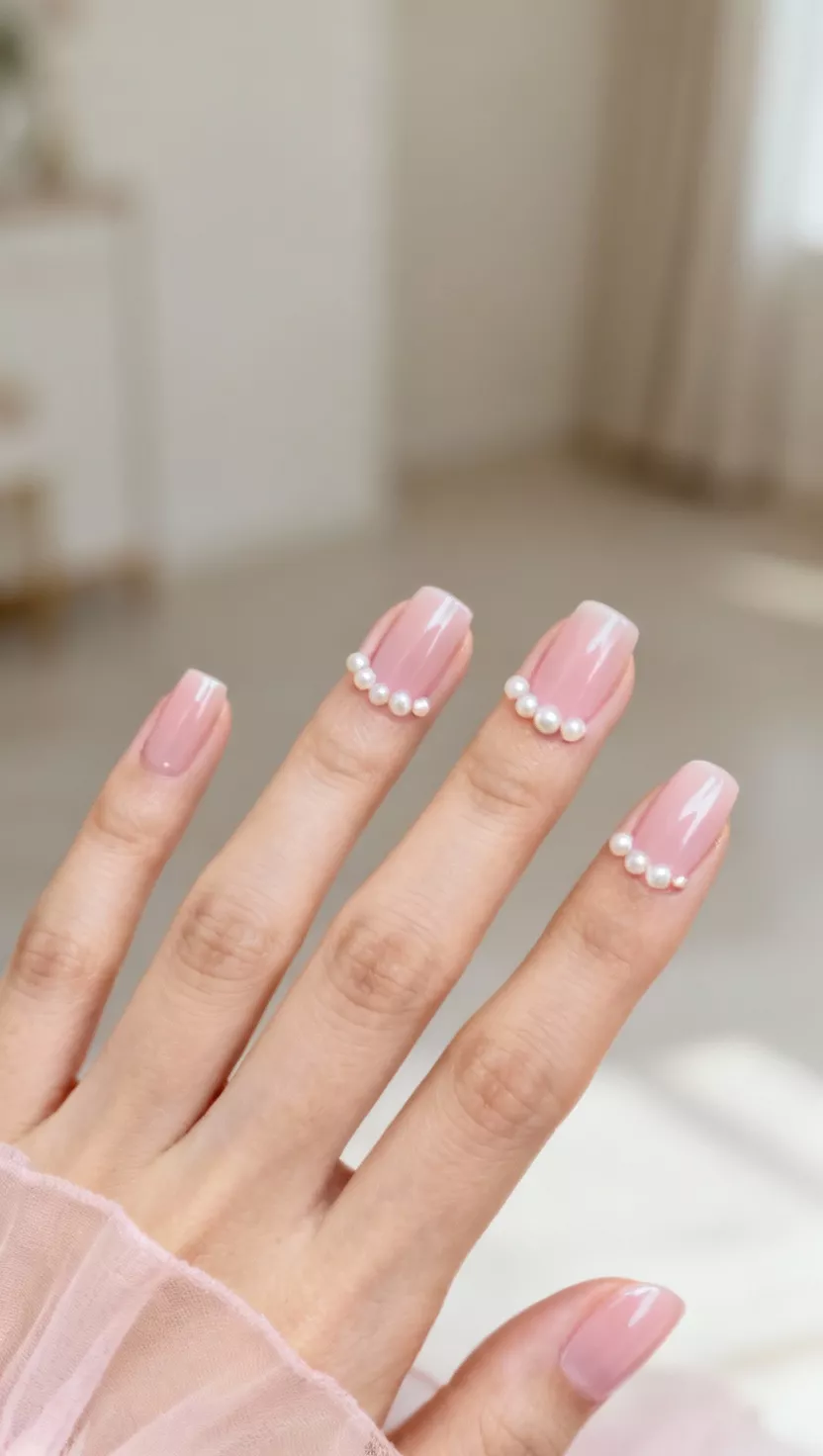 Ballerina Pink and Pearls close-up shot of a woman’s hand with five fingers showing nails with a sheer, elegant ballerina pink polish adorned with tiny, miniature white simulated pearls scattered near the cuticle line, room background.