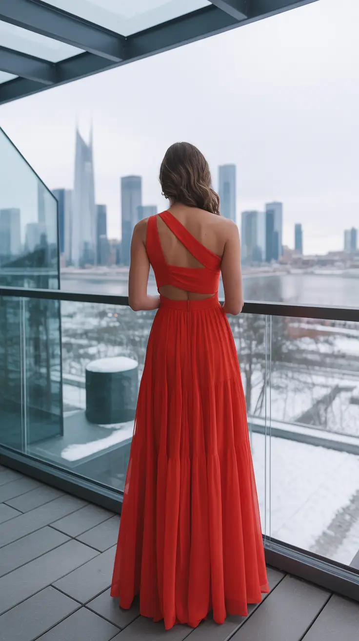 Red Cutout One-Shoulder Maxi Dress