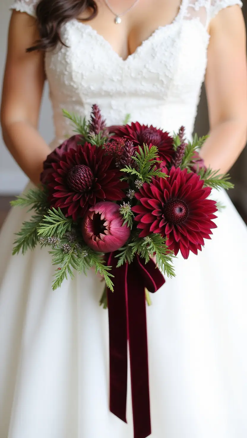 A photo of a bride holding a rich, romantic winter bouquet featuring deep burgundy dahlias, wine-red astilbe, and touches of deep green pine needles, tied dramatically with velvet ribbon.