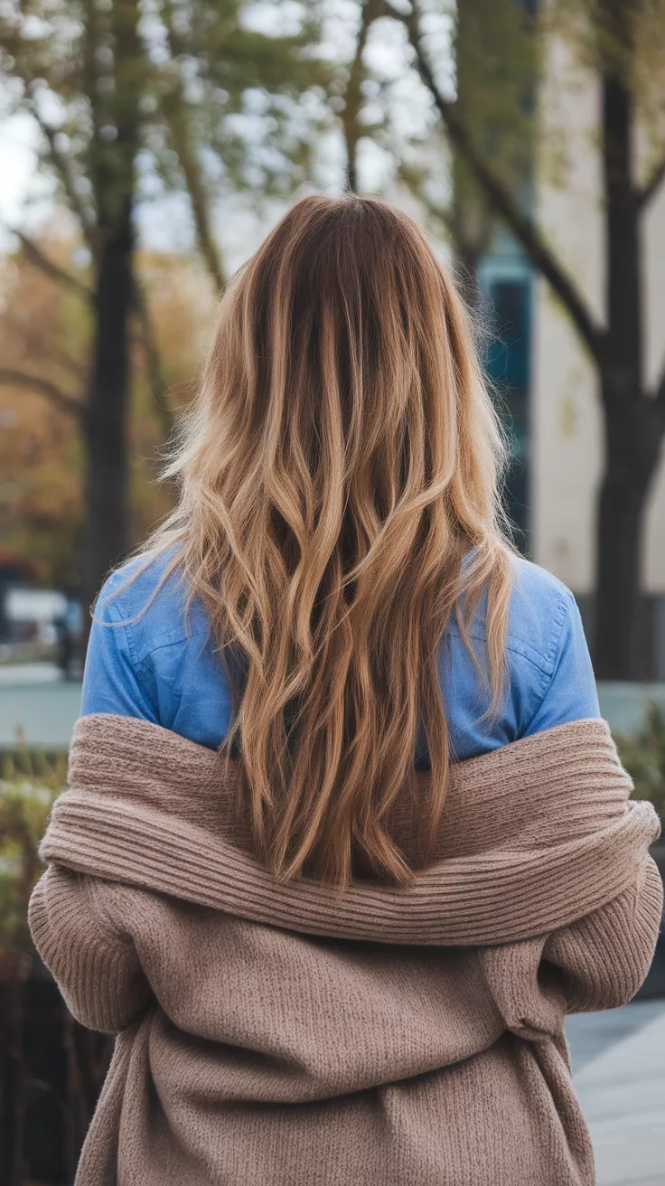 Lived In Blonde A photo of a 28-year-old woman with a Lived In Blonde colored long hairstyle, back view.