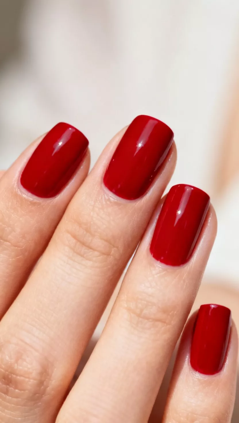 close-up shot of a woman’s hand with five fingers showing nails with a true, bright, classic cherry red shade, close-up nail photography, nail polish designs, pinterest aesthetic