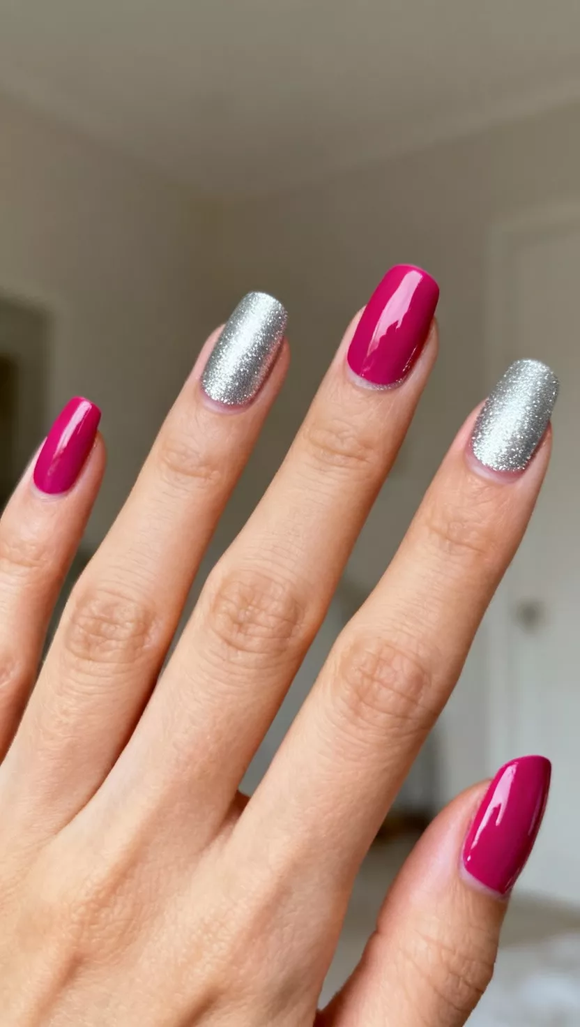 close-up shot of a woman’s hand with five fingers showing nails with half-moon shapes near the cuticle painted in shimmery silver, with the rest of the nail covered in a vibrant raspberry pink, room background.