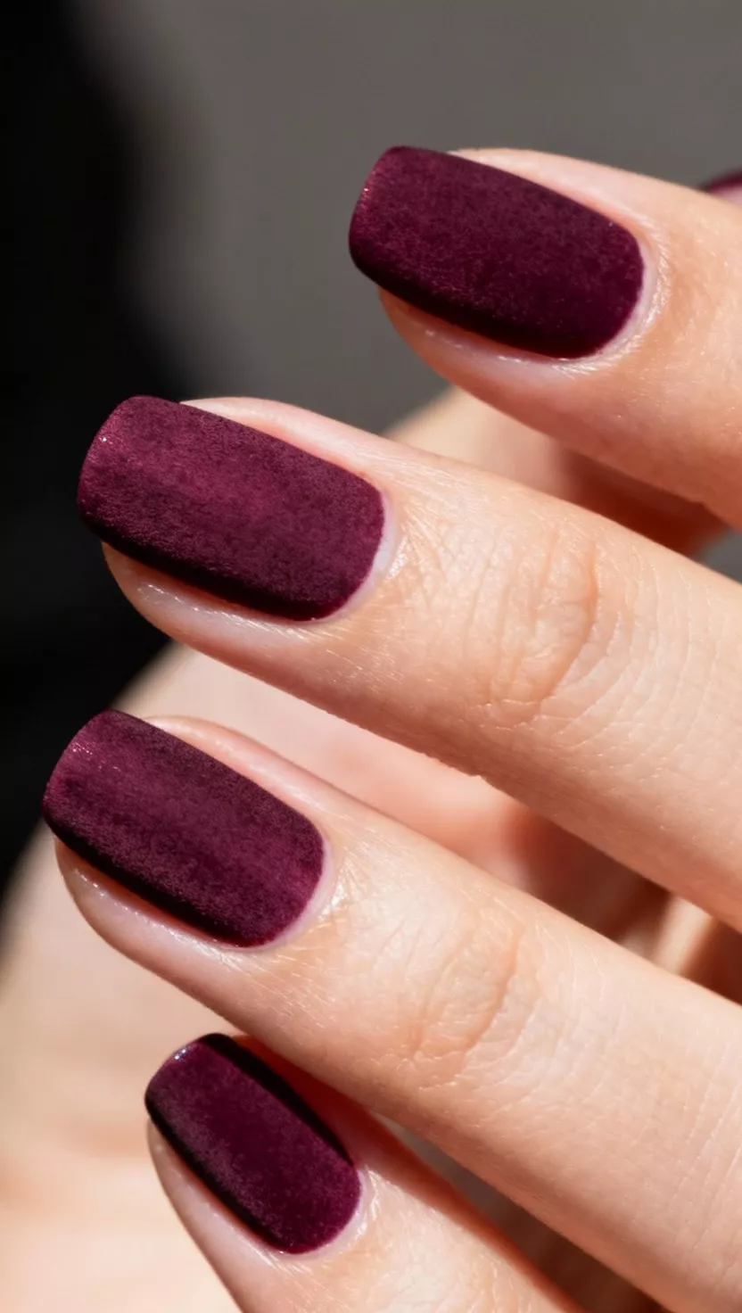 close-up shot of a woman’s hand with five fingers showing nails with a rich, highly pigmented dark plum color with a deep, velvety finish, close-up nail photography, nail polish designs, pinterest aesthetic