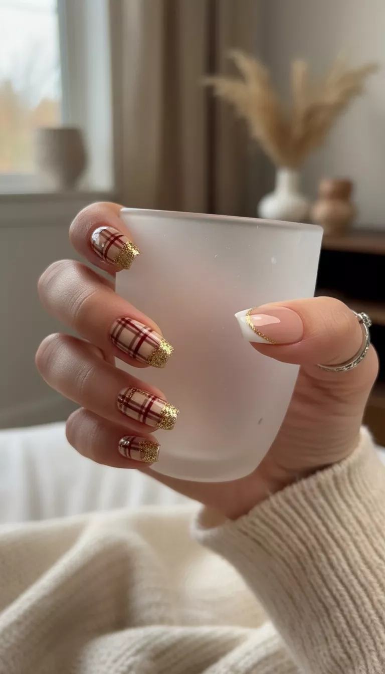 close-up shot of a woman’s hand showing nails with a light brown and red plaid pattern accented with sparkling gold tips and a French manicure on the ring finger, close-up nail photography, nail polish designs, pinterest aesthetic
