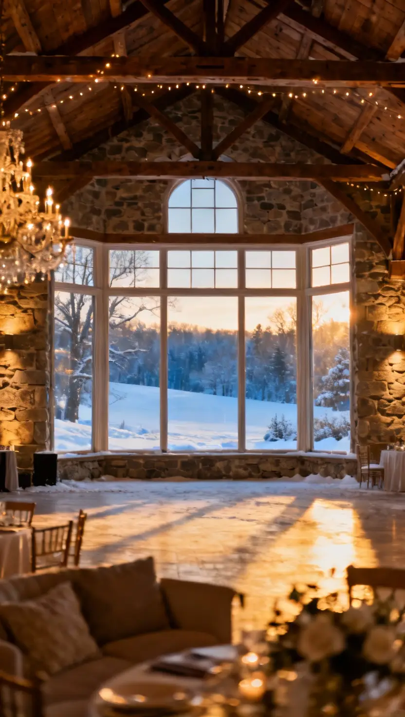 A professional photo, similar to a photo in a wedding magazine, of a grand, historic stone manor or a rustic, high-ceiling barn venue, with large windows showcasing the snowy landscape outside, glowing warmly from within.
