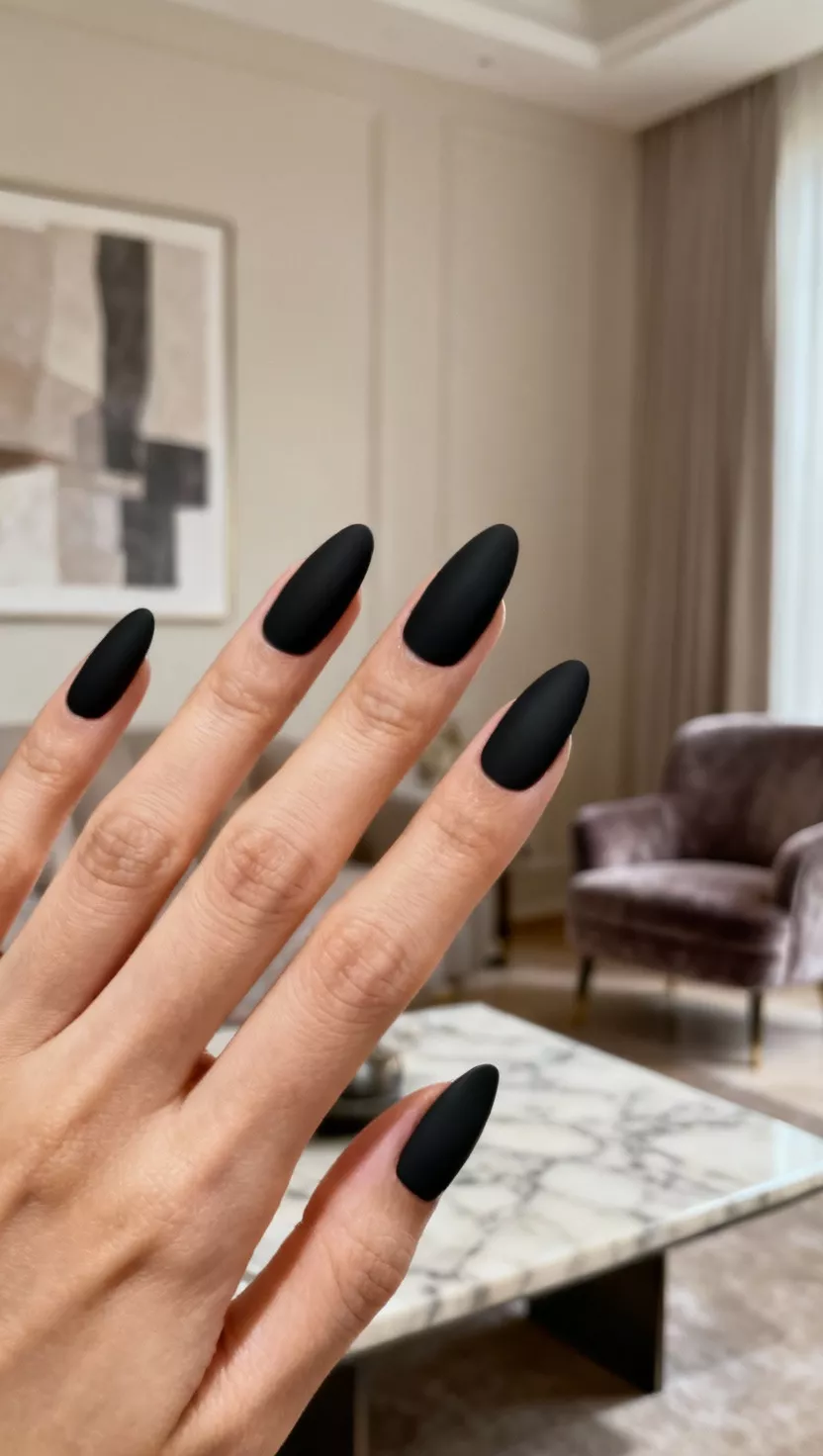 close-up shot of a woman’s hand with five fingers showing nails with perfectly smooth, rich matte black polish on almond-shaped nails, sophisticated living room background.