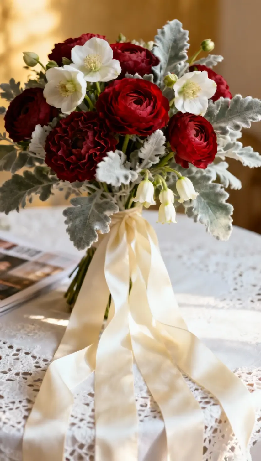 A professional photo, similar to a photo in a wedding magazine, of a bridal bouquet showcasing seasonal blooms such as deep red ranunculus, white hellebores, and silvery dusty miller, tied with long cream silk ribbons cascading down.