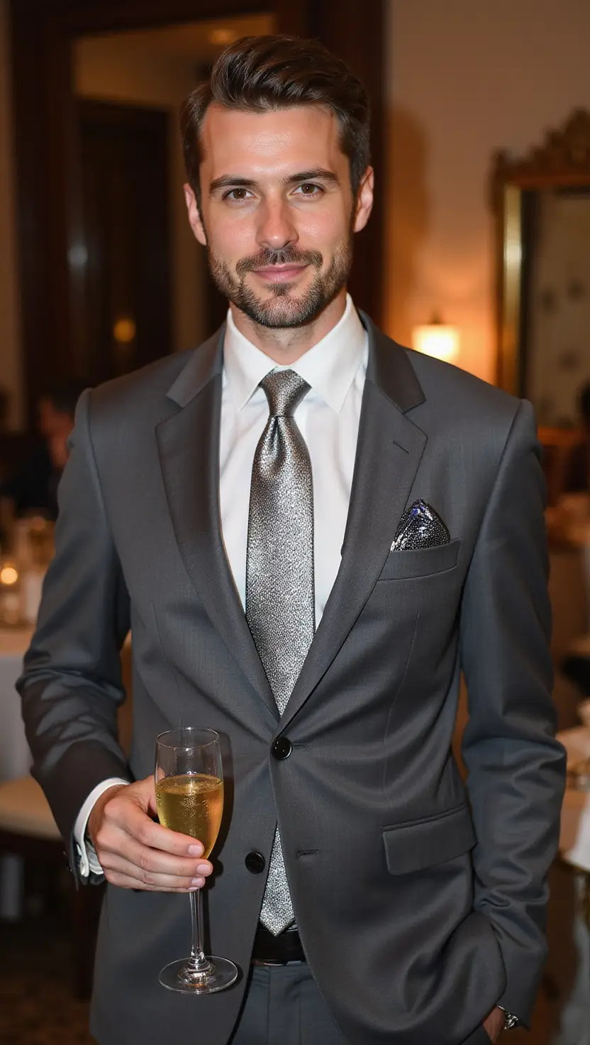 Slim-Fit Grey Suit With Metallic Tie