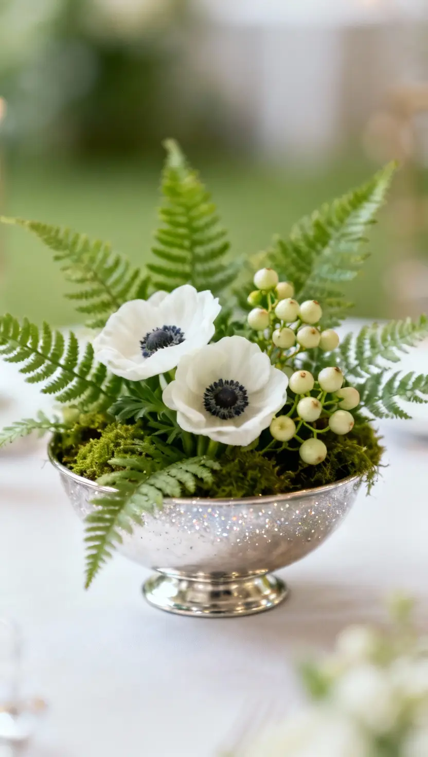 Small Wedding Centerpiece With White Flowers and Ferns