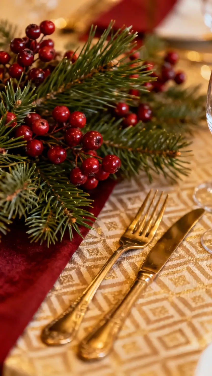 Tablescape With Patterned Linens and Winter Berries