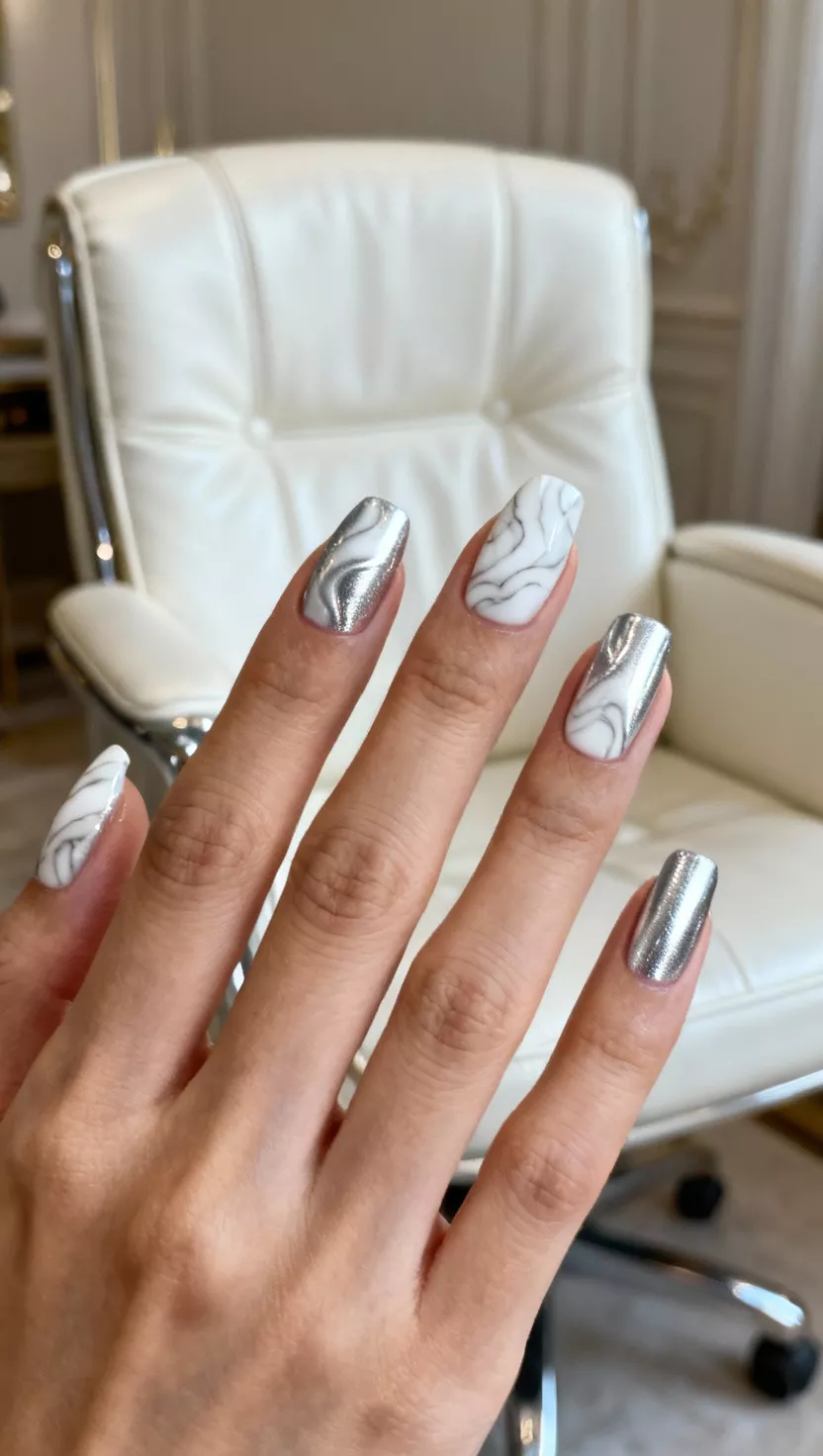 Marble Effect in Silver and White close-up shot of a woman’s hand with five fingers showing nails with an intricate marble effect created with swirling white and silver metallic polish, luxurious white leather chair in the room background.
