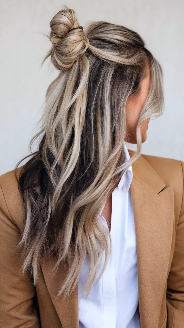Blonde with Lowlights A photo of a 23-year-old woman with a Blonde with Lowlights colored long hairstyle, back view.