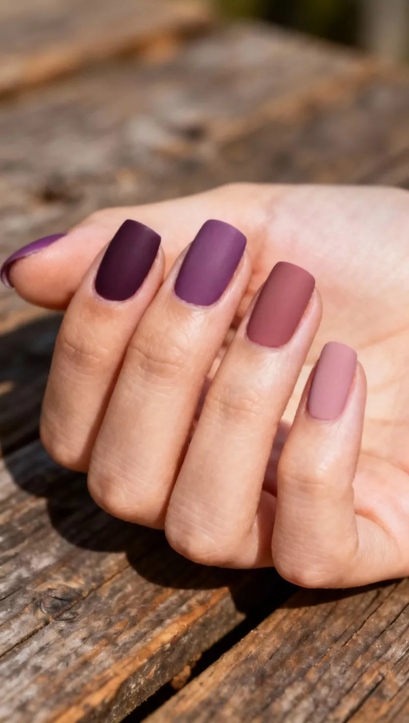 Tonal Mauve Mixed Manicure close-up shot of a woman’s hand with five fingers showing nails with four shades of mauve and dusty rose, from dark to light, applied on five different nails, rustic wooden surface background.