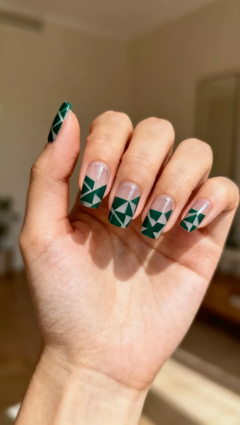 close-up shot of a woman’s hand with five fingers showing nails with a geometric dark green pattern applied over large areas of clear, unpolished negative space, room background.