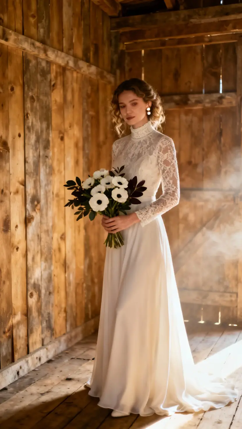 A professional photo, similar to a photo in a wedding magazine, of a stunning bride wearing a flowing, high-neck wedding gown with intricate lace long sleeves, holding a simple bouquet of white anemones and deep greenery against a rustic wooden interior.