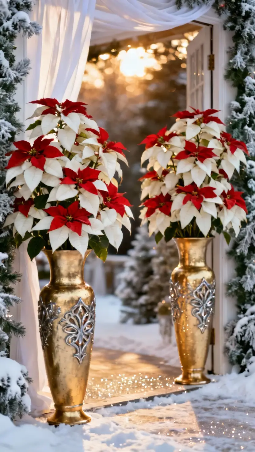 A photo of striking, tall white poinsettia plants arranged in elegant gold vases, tastefully decorating the entrance of a winter wedding venue.