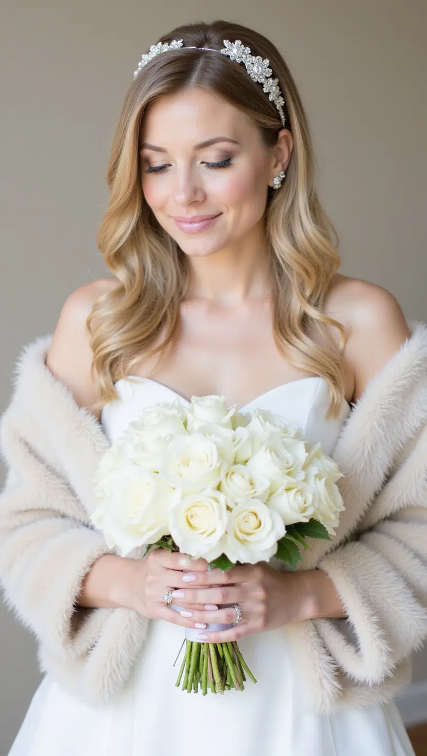 White Winter Wedding Bouquet With Matching Hair Accessories