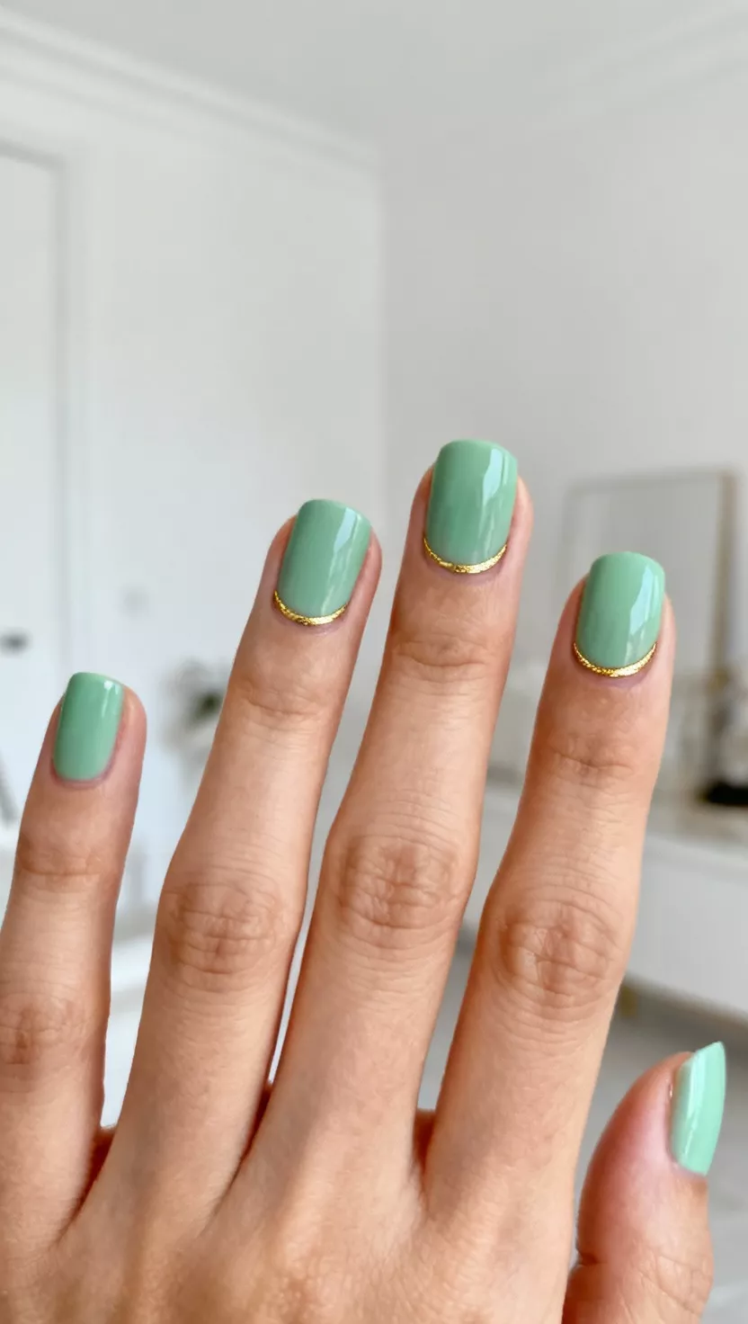 close-up shot of a woman’s hand with five fingers showing nails with a full coverage mint green polish and a small, curved line of gold leaf following the cuticle (half moon placement), room background.