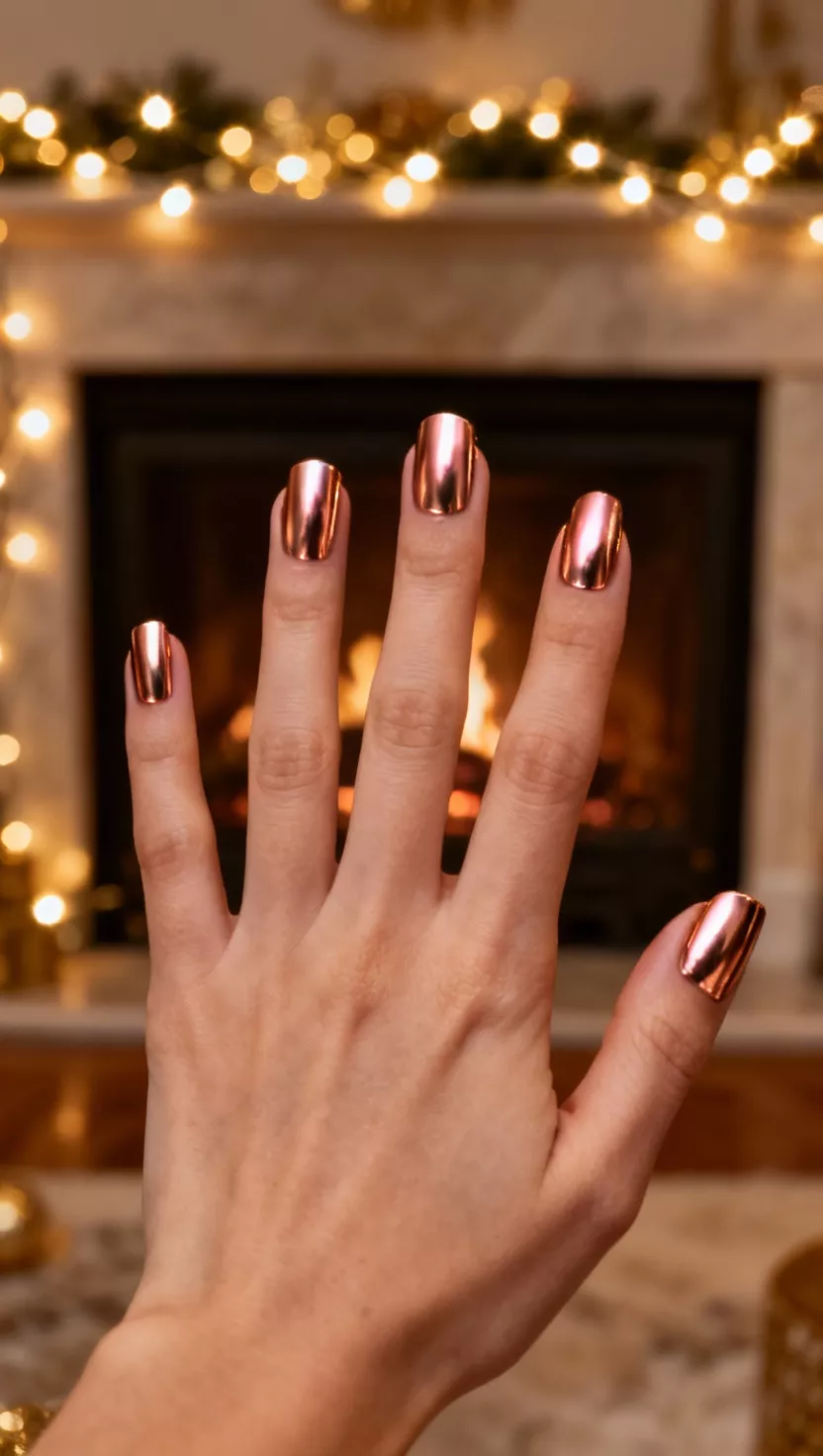 close-up shot of a woman’s hand with five fingers showing nails with a liquid looking, highly reflective rose gold mirror chrome, festive fireplace hearth with twinkling fairy lights background
