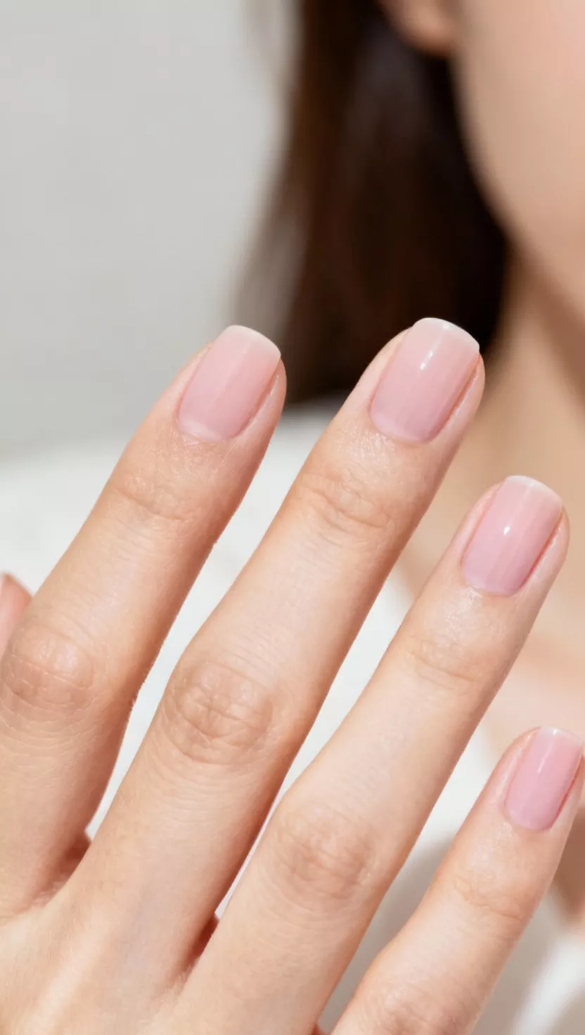 close-up shot of a woman’s hand with five fingers showing nails with a sheer, clean, ultra-natural pale pink or nude color that barely shows, close-up nail photography, nail polish designs, pinterest aesthetic