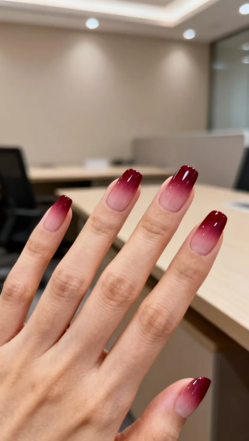 close-up shot of a woman’s hand with five fingers showing nails with a pale rose red base fading smoothly into a deeper, wine red on the tips, professional office background.