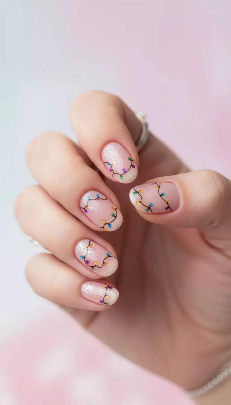 close-up shot of a woman’s hand showing nails with short, oval-shaped nails featuring a whimsical string lights design on a light pink base, close-up nail photography, nail polish designs, pinterest aesthetic