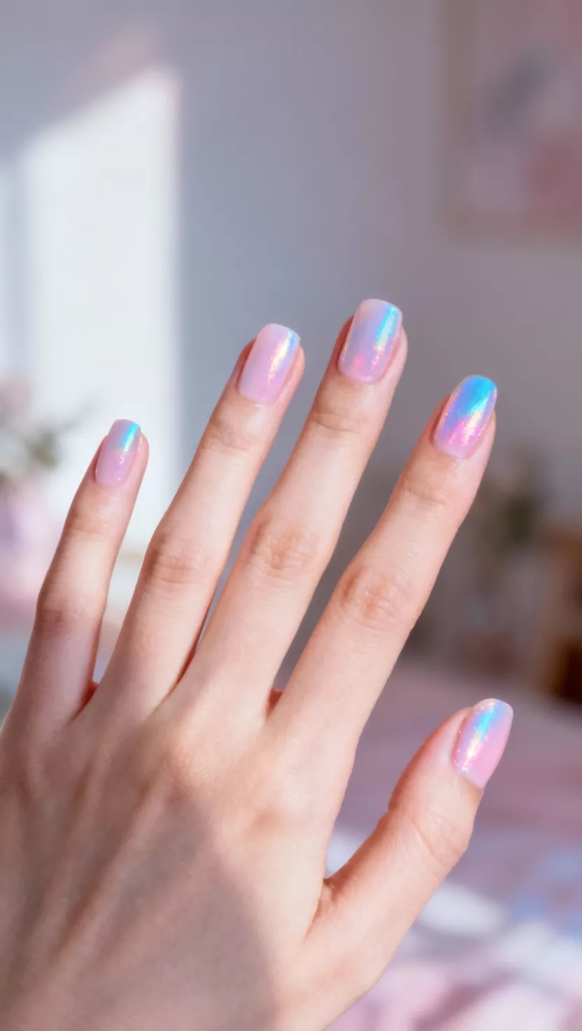 Iridescent Pale Pink Shimmer close-up shot of a woman’s hand with five fingers showing nails with a sheer pale pink polish with a strong blue-pink iridescent shift, ethereal lighting, room background.