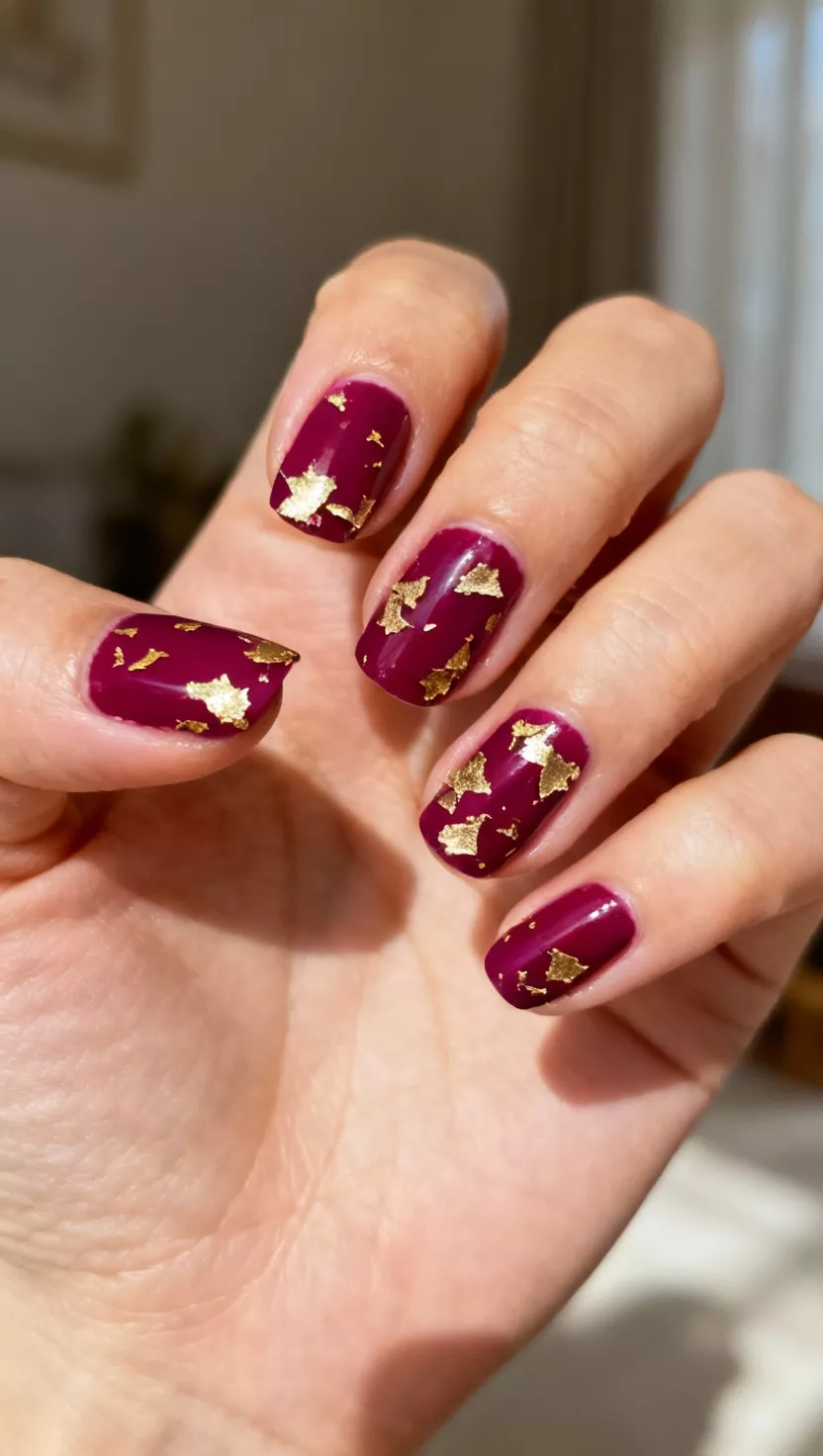 Deep Magenta with Gold Flakes close-up shot of a woman’s hand with five fingers showing nails with a rich, opaque deep magenta polish scattered with delicate, irregular gold leaf flakes, room background.