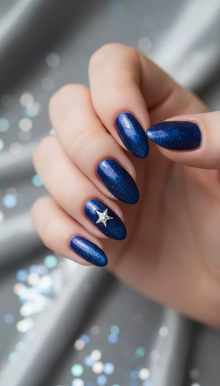 close-up shot of a woman’s hand showing nails with a deep, shimmery blue polish with a star accent on one finger, close-up nail photography, nail polish designs, pinterest aesthetic