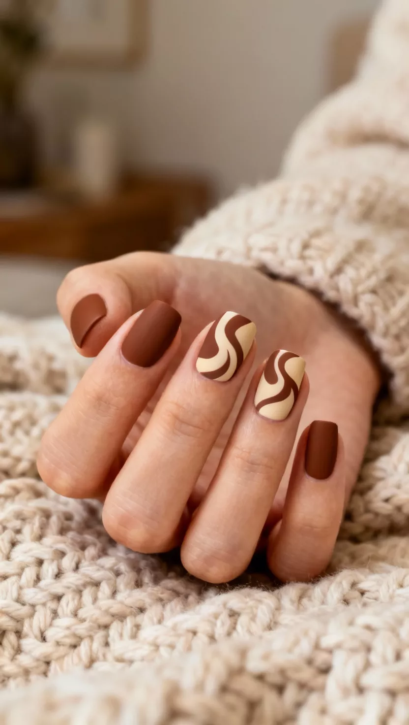 Warm Cocoa Swirls close-up shot of a woman’s hand with five fingers showing nails with warm, matte chocolate brown and creamy beige abstract swirling designs, cozy knitted blanket texture in the room background.