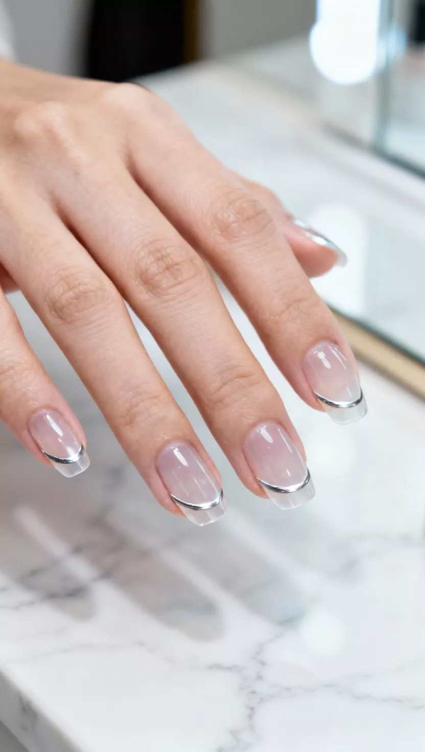 Metallic Silver Tips for a Reverse French close-up shot of a woman’s hand with five fingers showing nails with a clear or milky base and a thin line of metallic silver polish following the curve of the cuticle (reverse French), modern vanity background.