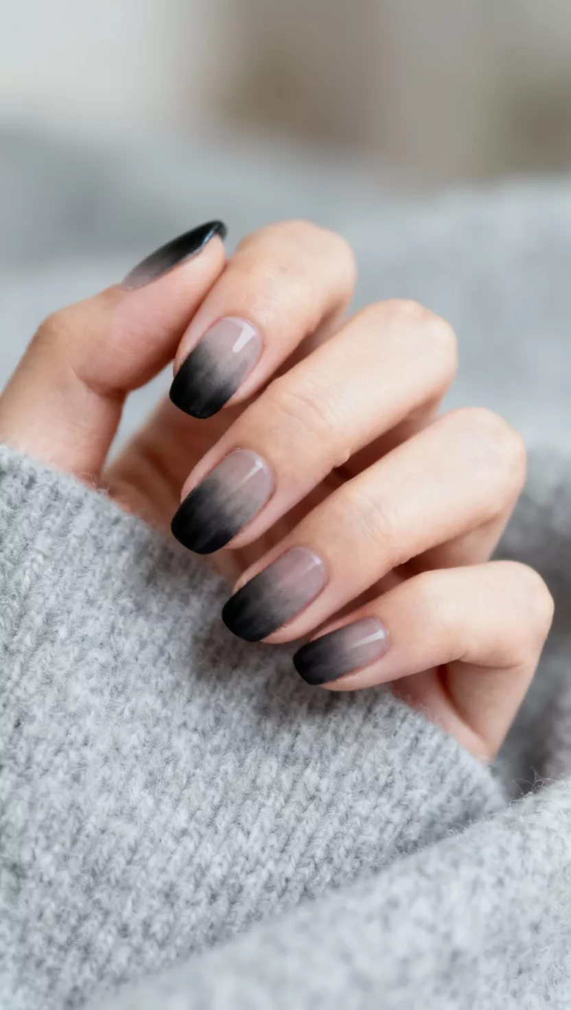 close-up shot of a woman’s hand with five fingers showing nails with a very thin, almost translucent layer of black polish that looks like a smoky wash, a pale gray cashmere background.