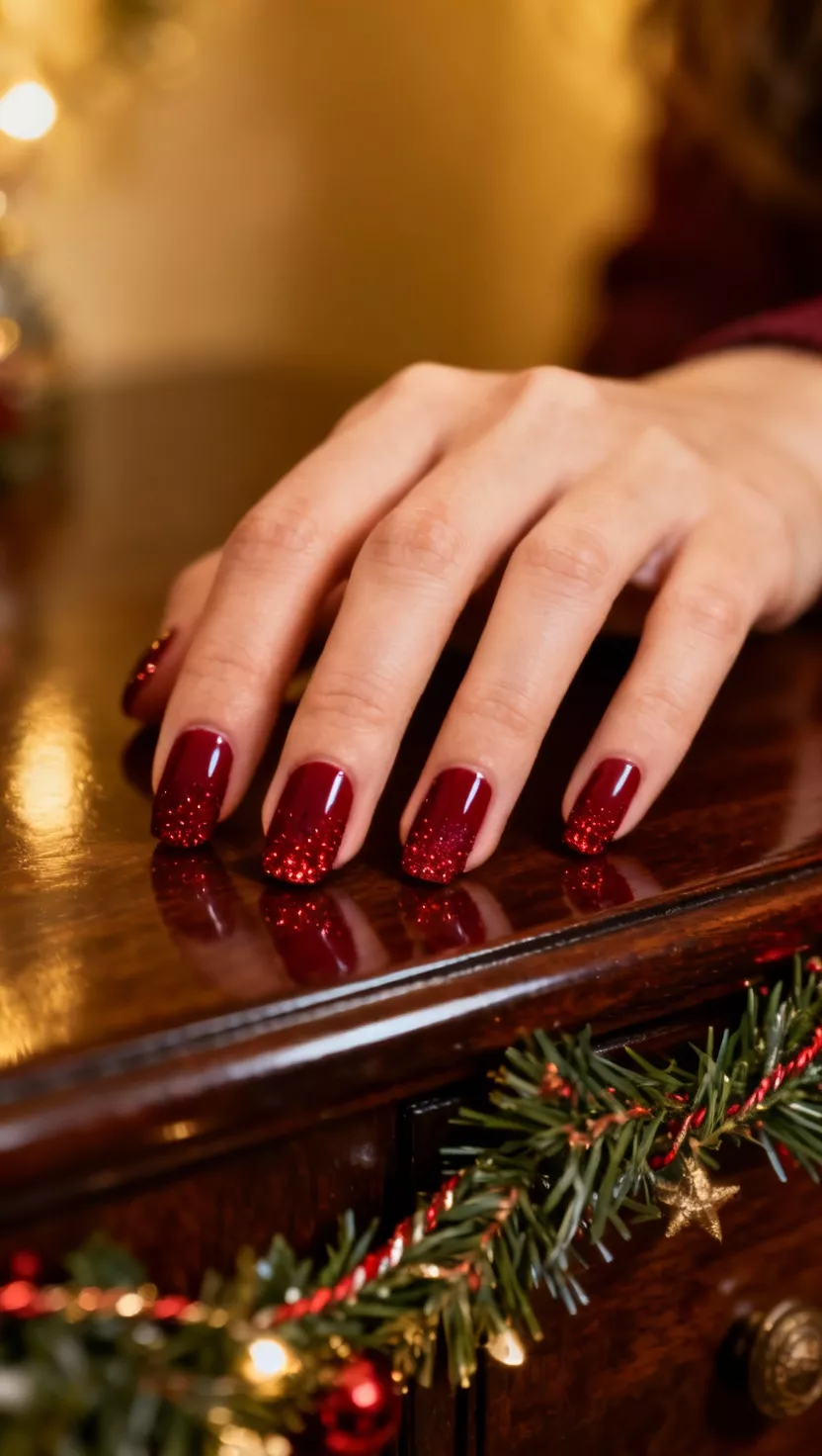 Ruby Red Glitter Ombre close-up shot of a woman’s hand with five fingers showing nails with a deep ruby red color fading into a coat of fine red glitter near the tip, dark wood and festive holiday garland in the room background.