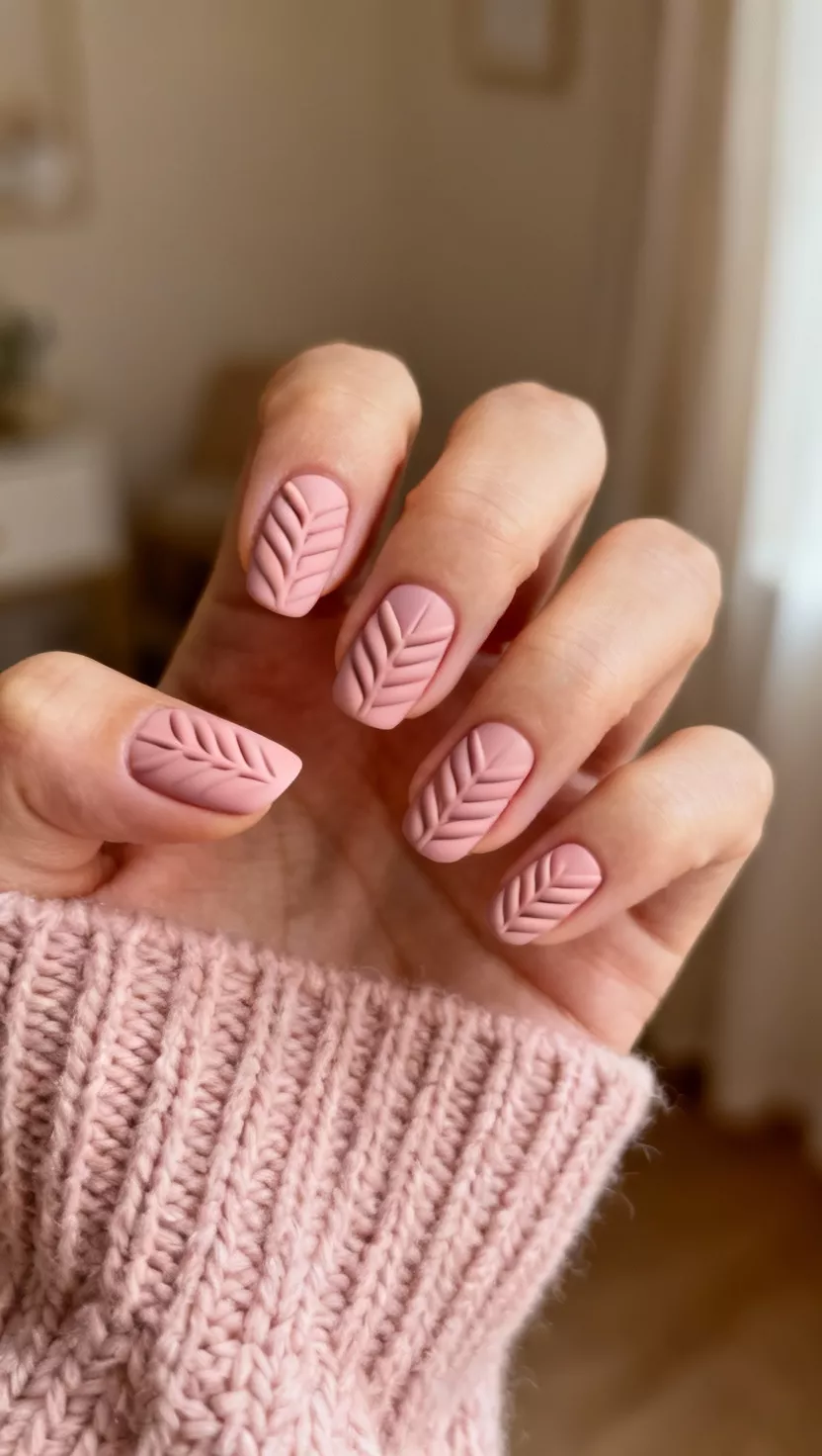 Soft Blush Sweater Texture close-up shot of a woman’s hand with five fingers showing nails with a pale blush pink base featuring raised, matte gel lines creating a cozy knit sweater pattern, room background.