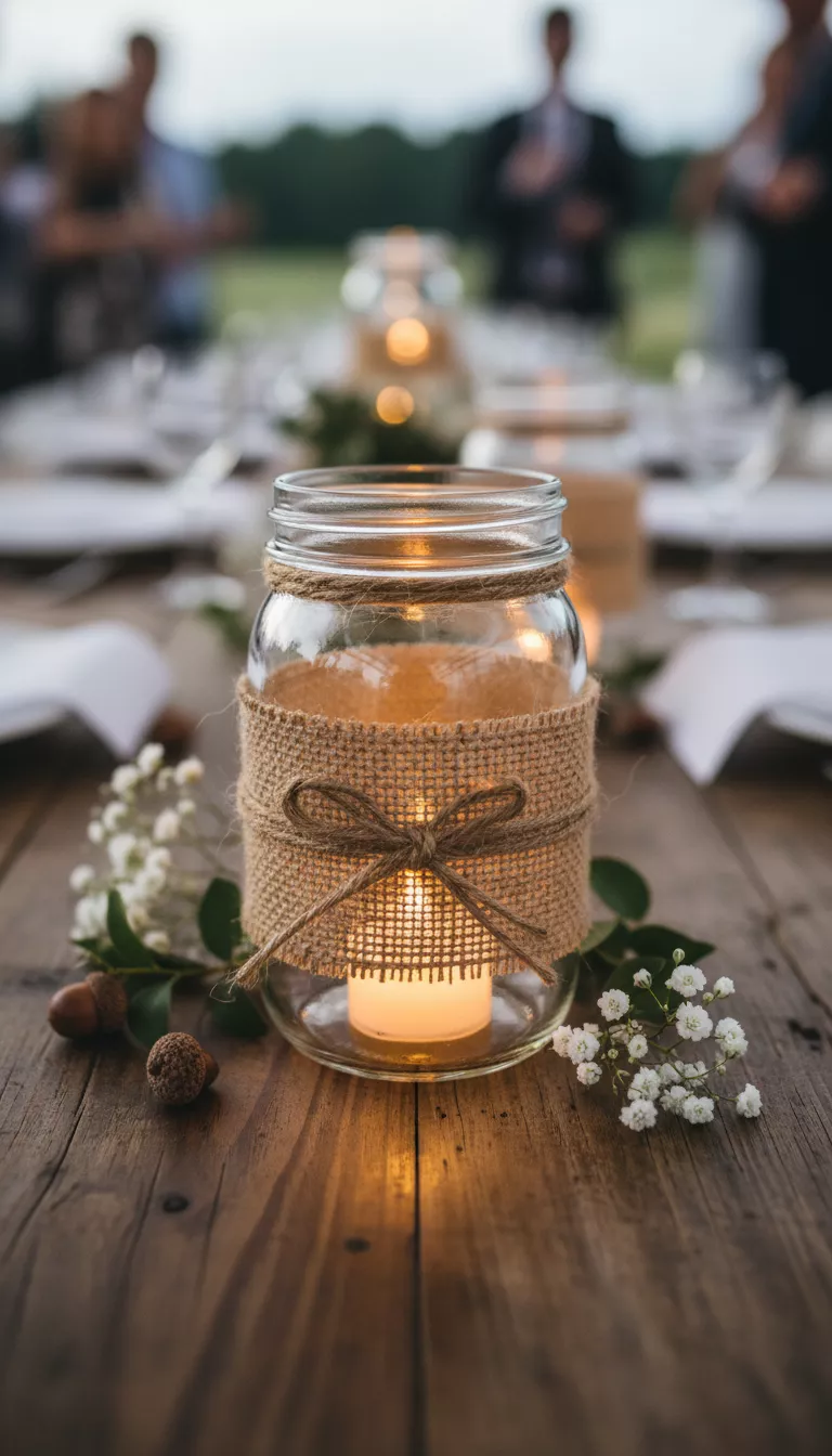 A professional photo, similar to a photo in a wedding magazine, of a clear mason jar wrapped with a strip of burlap twine, holding an LED tea light, casting a warm, rustic glow on a wooden reception table.