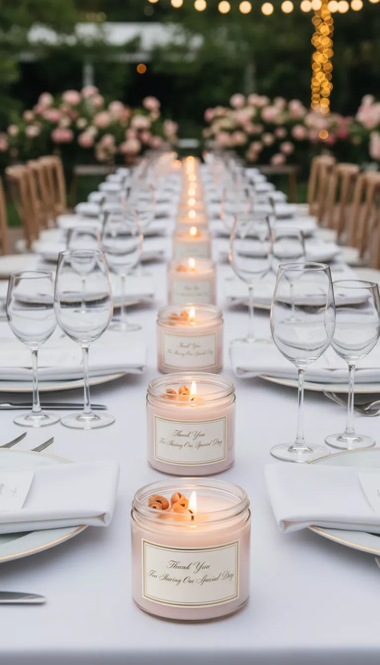 A professional photo, similar to a photo in a wedding magazine, of small glass jars filled with pale pink soy candles scented with vanilla and sandalwood, labeled with a simple thank you note and perfectly aligned at each place setting.