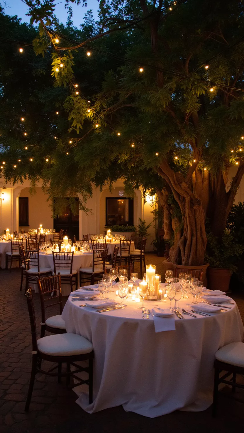 Intimate Candlelit Courtyard A photo of a romantic candlelit courtyard reception table under a canopy of string lights and hanging greenery, creating an intimate and enchanting dinner setting.
